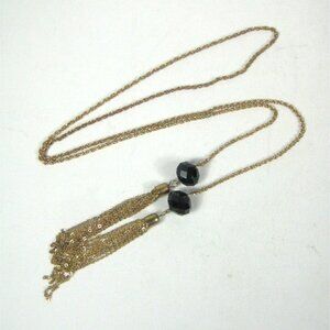 Long Gold Tone Chain Necklace Black Beads Tassels Vintage Sautoir